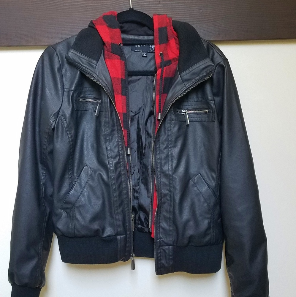 Black Leather Jacket with Plaid lining